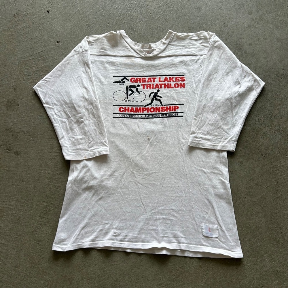 Vintage 80s Great Lakes Triathlon Long Sleeve Shirt Size Large White Red Cross